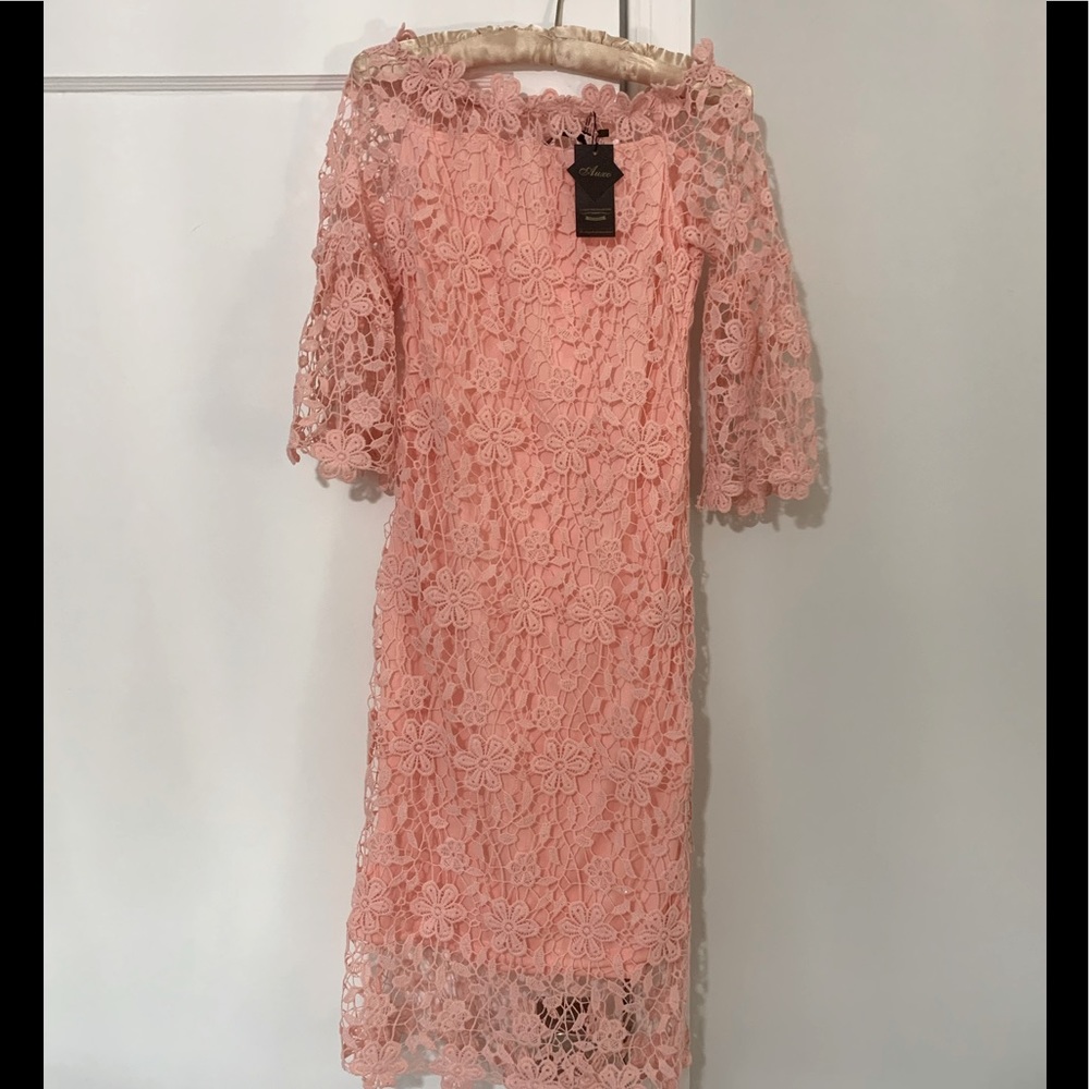 Auxo pink/coral lace dress, small, NWT, off shoulder